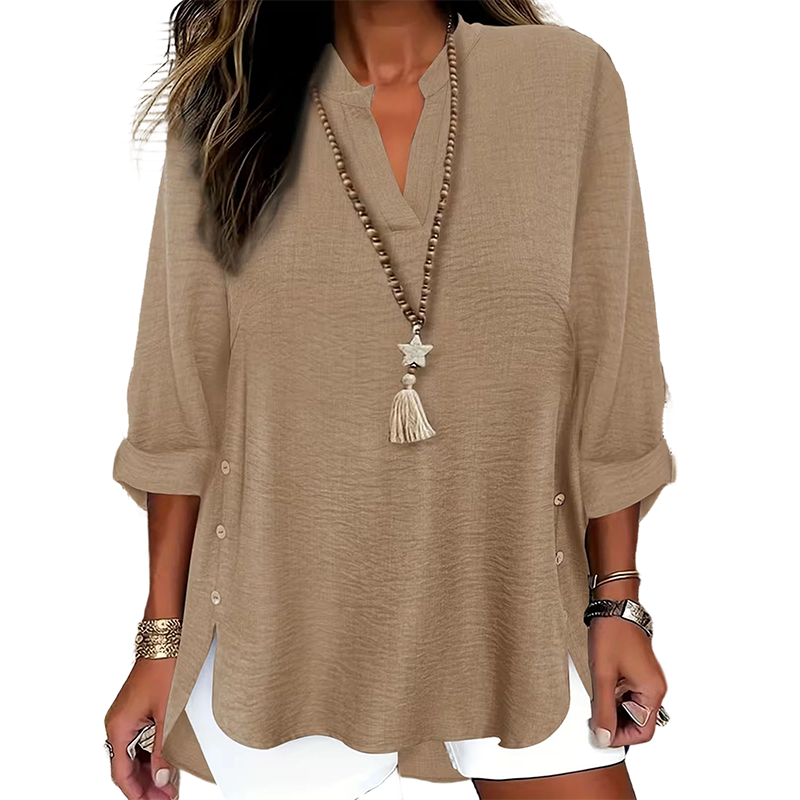 Kymora - Women's Loose V-Neck Top with Side Slits and Buttons