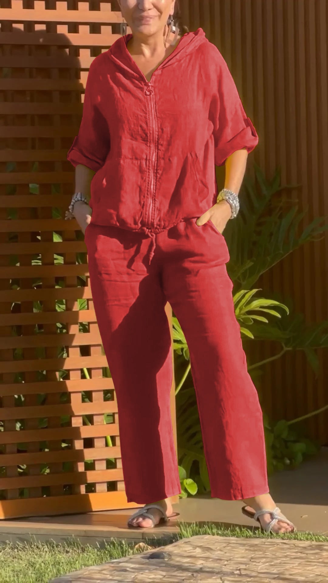 Elyraxa - Women's Hooded Zip Cotton Linen Loose Summer Set