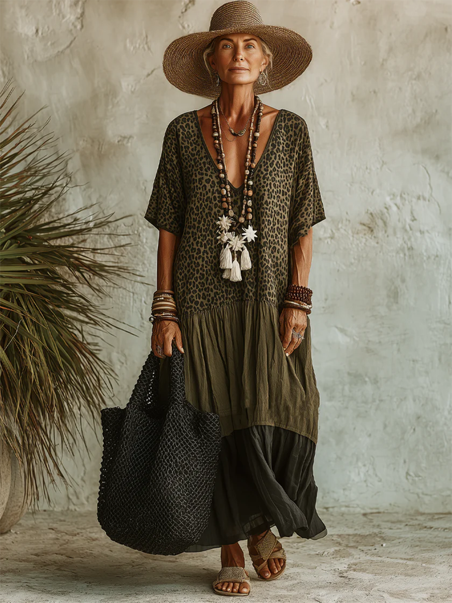 Syverelle - Flowy Cotton Leopard Bohemian Midi Dress