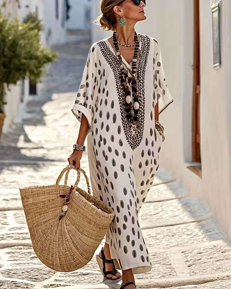 Hynovia - Women's Maxi Kaftan Dress with Polka Dot Print, V-Neck and Ethnic Trim