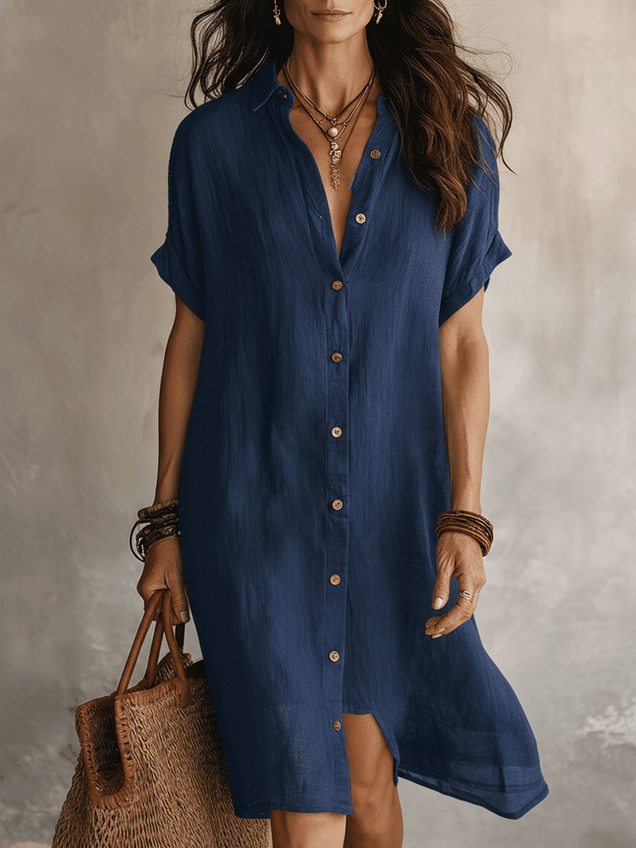 Quenovia - Women's Midi Linen Cotton Shirt Dress Buttoned Short Sleeves
