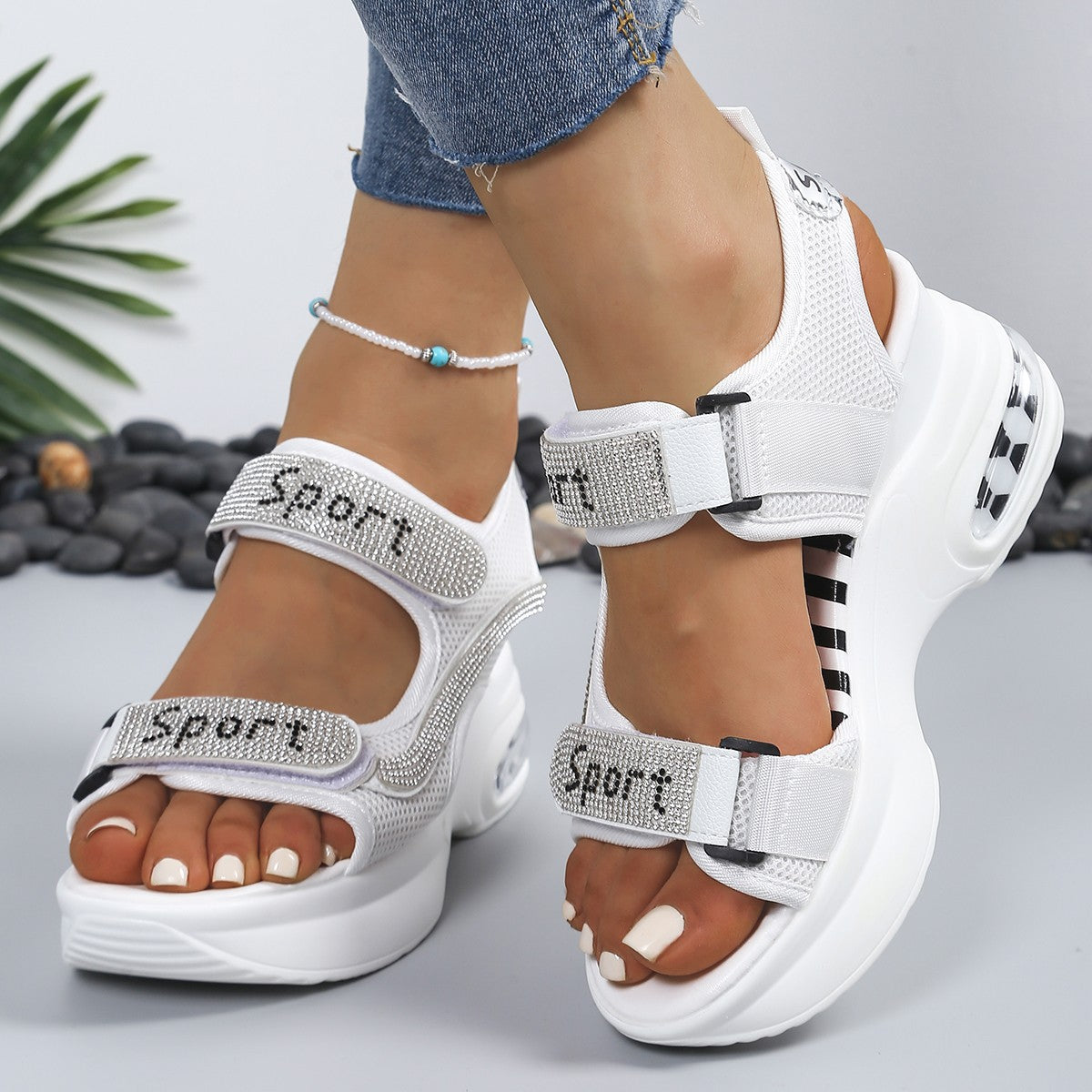 Calyvra - Women's platform rhinestone velcro air sole sport sandals