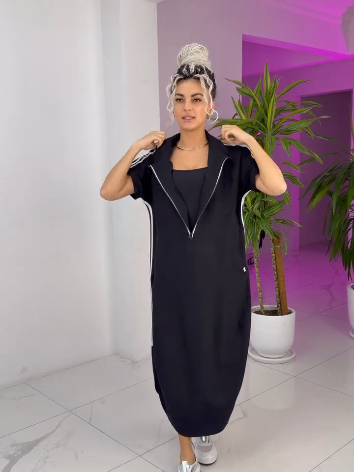 Gavrixa - Women's long zipped high-neck dress, fluid cut, sporty chic style, comfortable