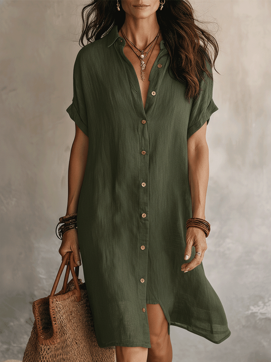 Quenovia - Women's Midi Linen Cotton Shirt Dress Buttoned Short Sleeves
