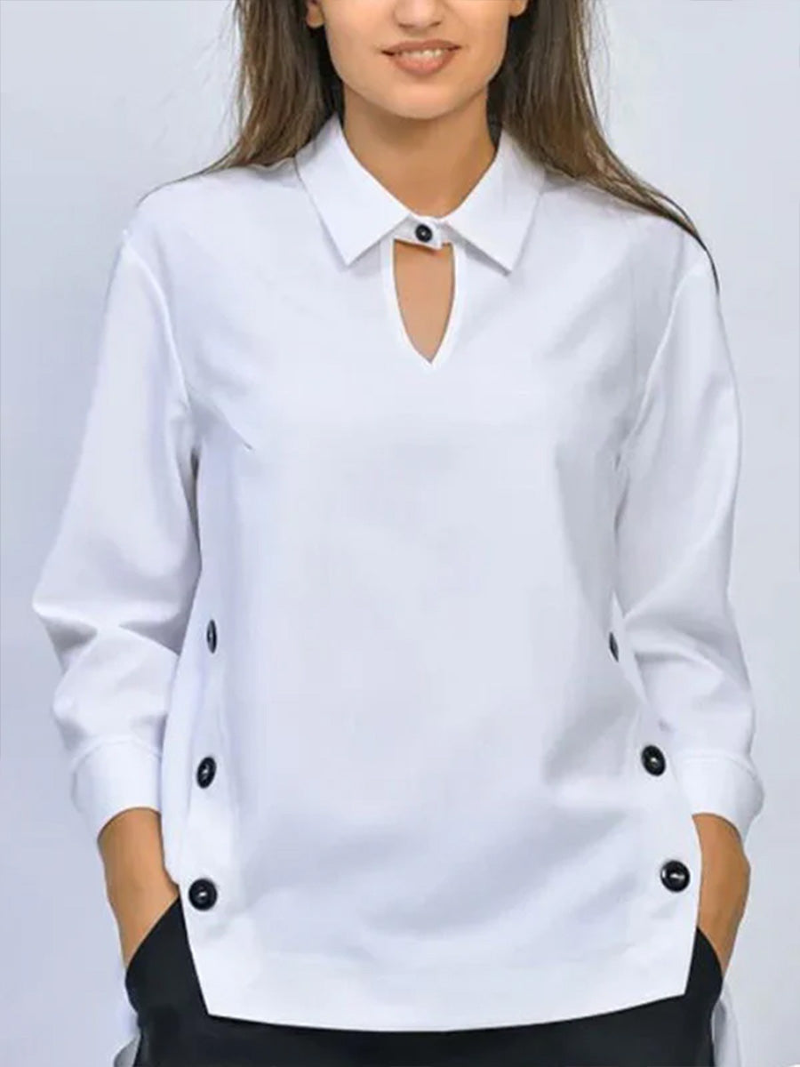 Pryxa - Women's Shirt Classic Collar Elegant Opening Long Sleeves Minimalist