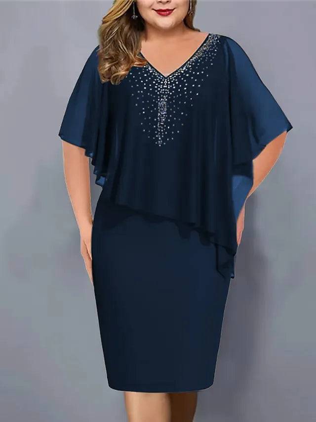 Lorenne - Women's Cape Dress with Rhinestones and Chiffon Overlay