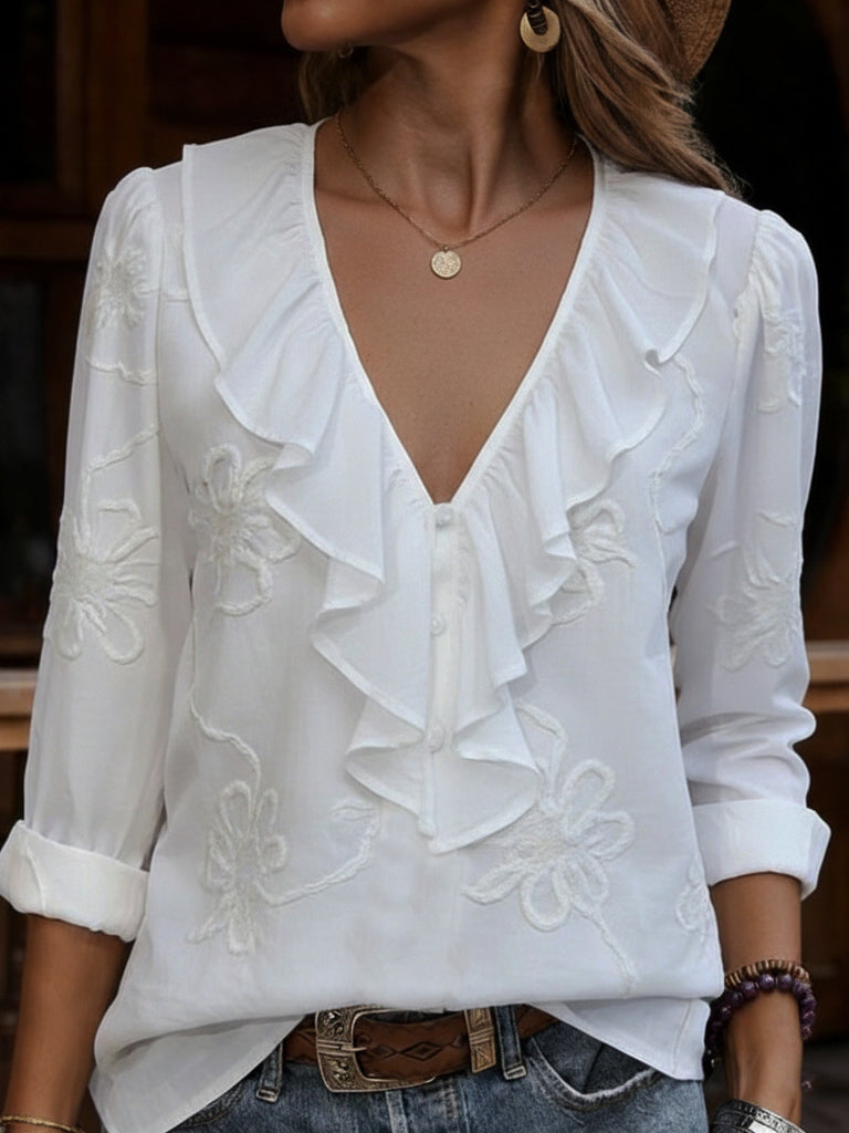 Myrella - Vintage Ruffled and Floral Embroidered Blouse
