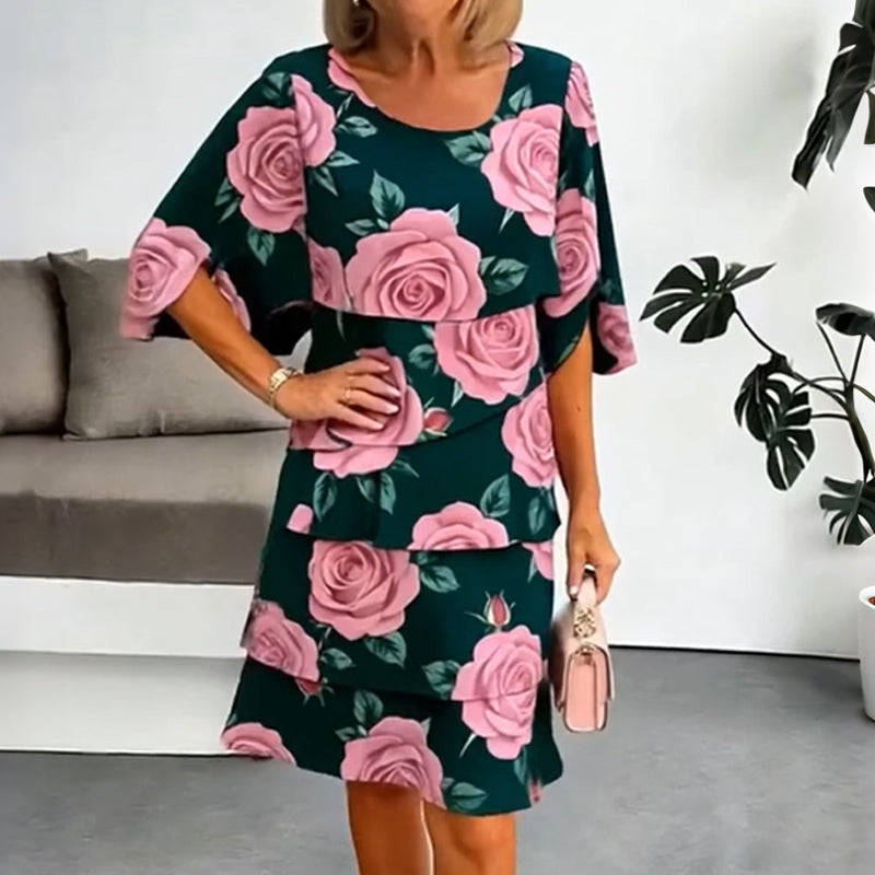 Qyvelle - Women's Floral Print Dress Loose Fit Flowy Sleeves Elegant Style