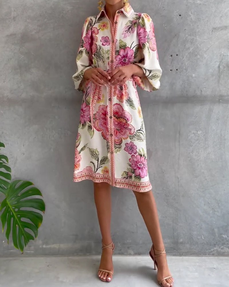 Glyssara - Women's Elegant Floral Dress with Lantern Sleeves and Buttons