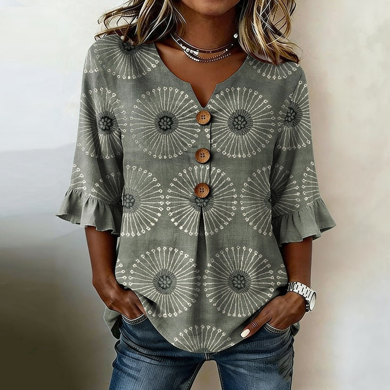 Cenovelle - Women's vintage printed ruffle sleeve and button blouse