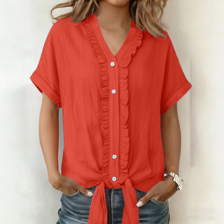 Kalyxa - Women's Cotton V-neck Short Sleeve Tie-front Summer Shirt