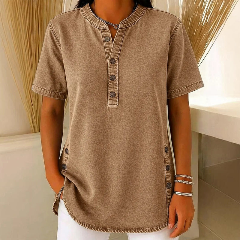 Kynessa - Women's Lightweight Denim Tunic with Short Sleeves and V-Neck