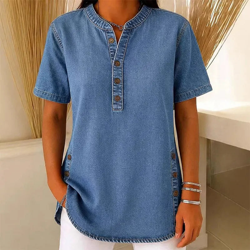 Kynessa - Women's Lightweight Denim Tunic with Short Sleeves and V-Neck