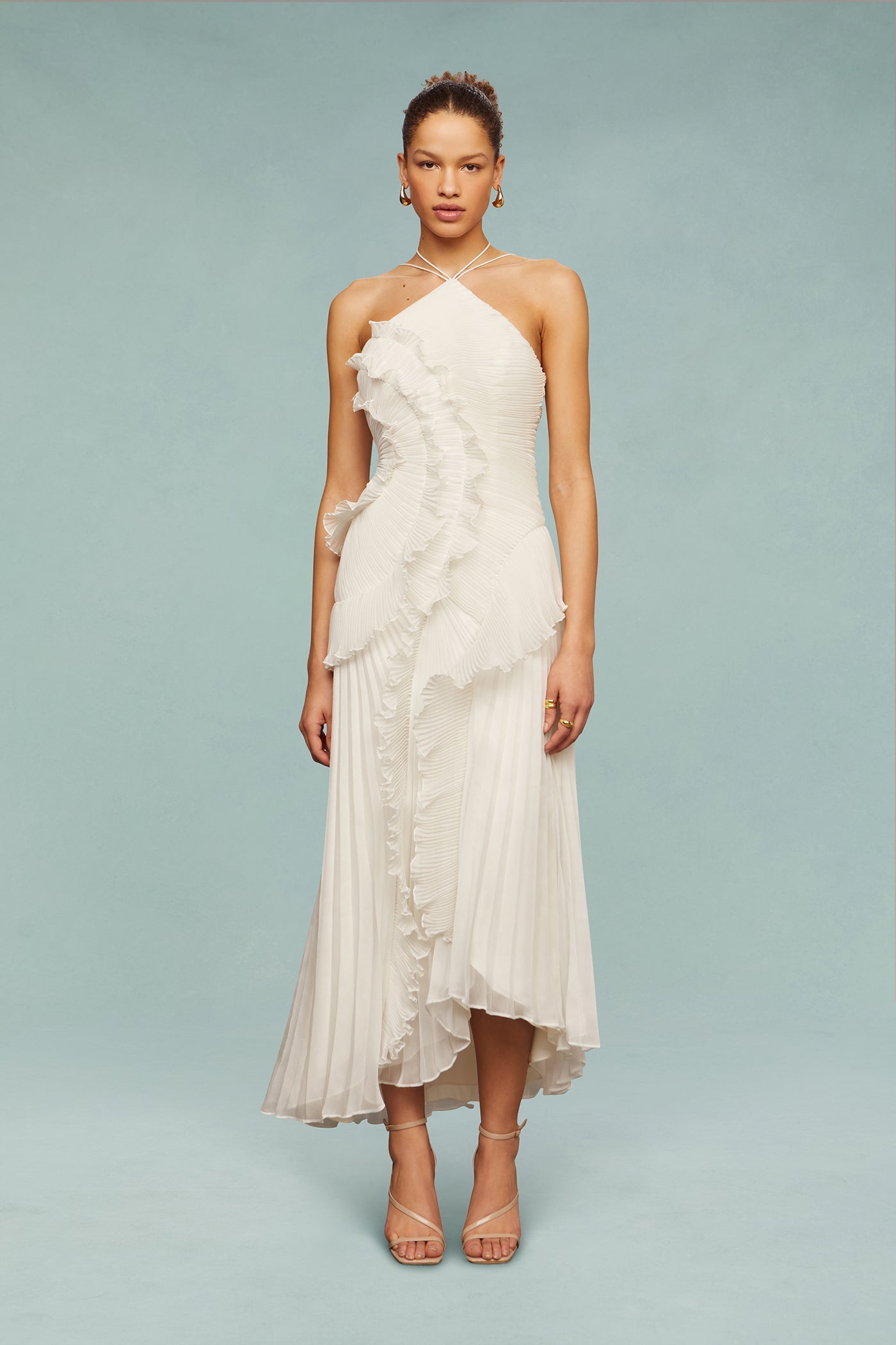 Bravielle - Women's long pleated dress with elegant asymmetric ruffles