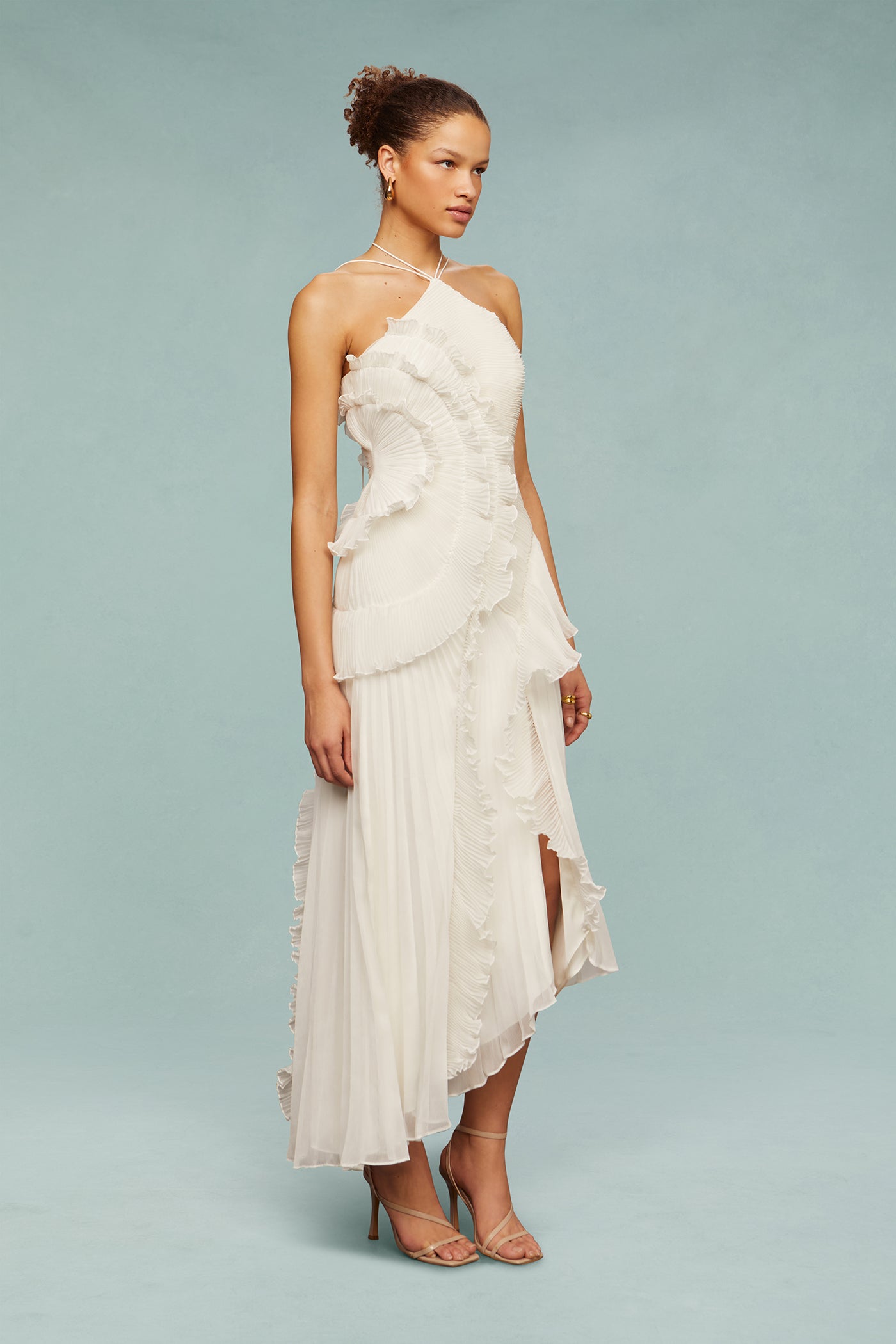 Bravielle - Women's long pleated dress with elegant asymmetric ruffles