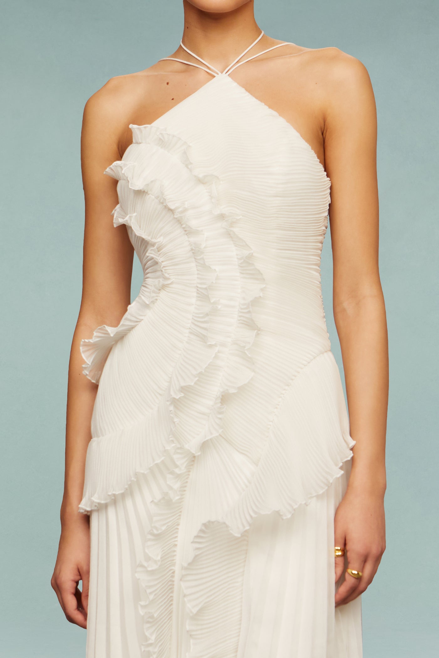 Bravielle - Women's long pleated dress with elegant asymmetric ruffles