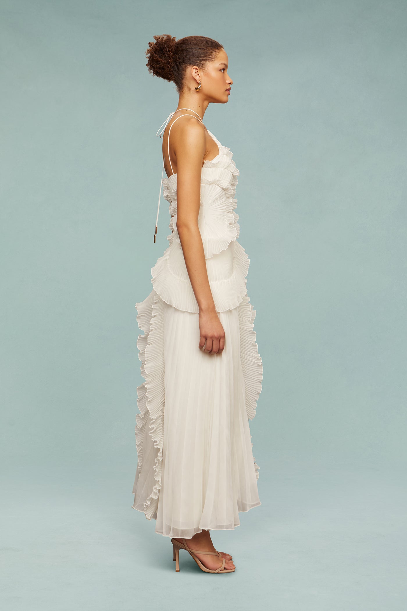Bravielle - Women's long pleated dress with elegant asymmetric ruffles