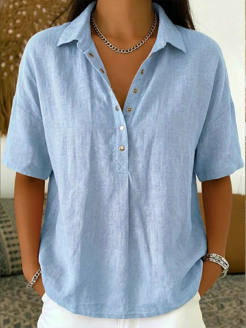 Karina - Women's Blouse Classic Collar V-Neck Buttons Short Sleeves Comfort