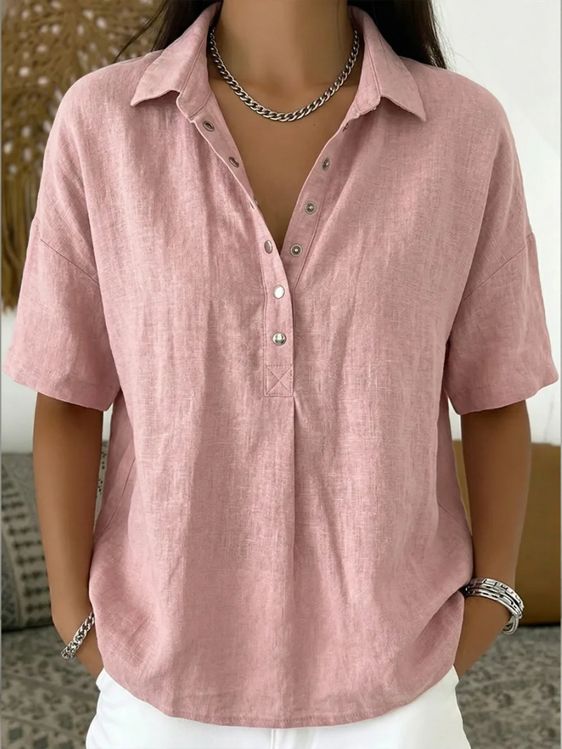 Karina - Women's Blouse Classic Collar V-Neck Buttons Short Sleeves Comfort