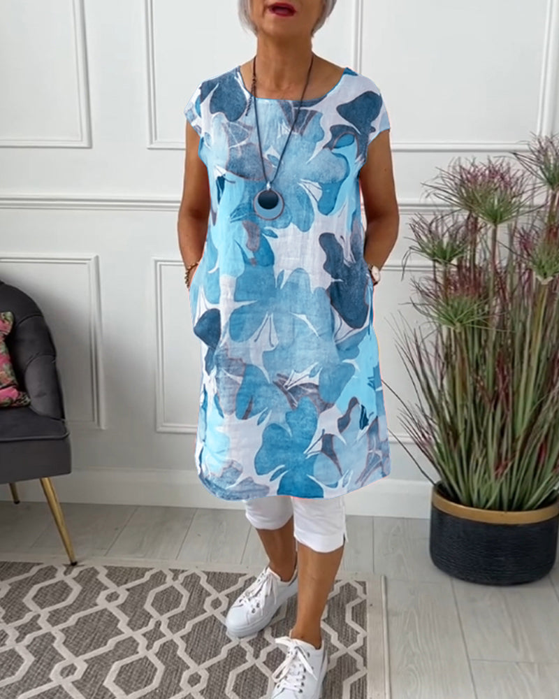 Anita - Women's green printed flowy short-sleeved loose-fitting dress