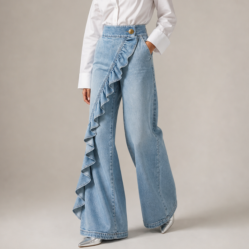 Izzavelle - Women's Wide-Leg Ruffled Denim Culottes in an Elegant Skirt-Pant Style