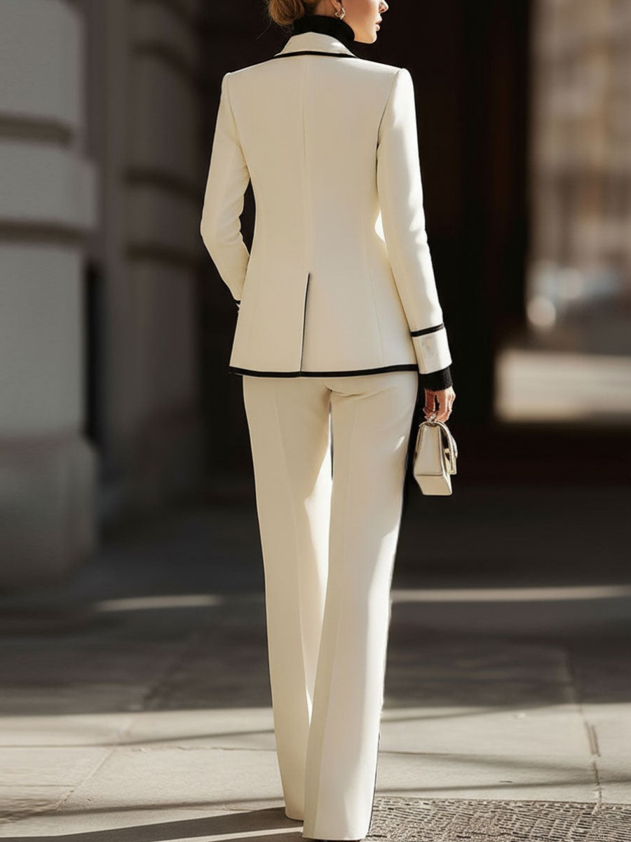 Praxine - Elegant Women's Double-Breasted Blazer and Wide-Leg Pants Suit Set