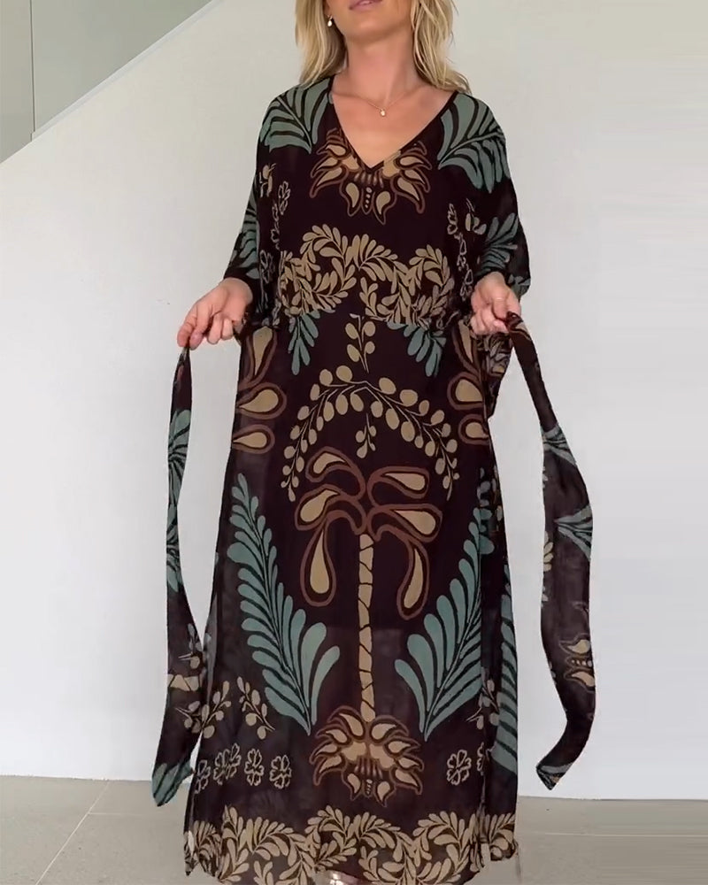 Praxellea - Women's Boho Maxi Dress Loose V-Neck Elegant Leaf Print