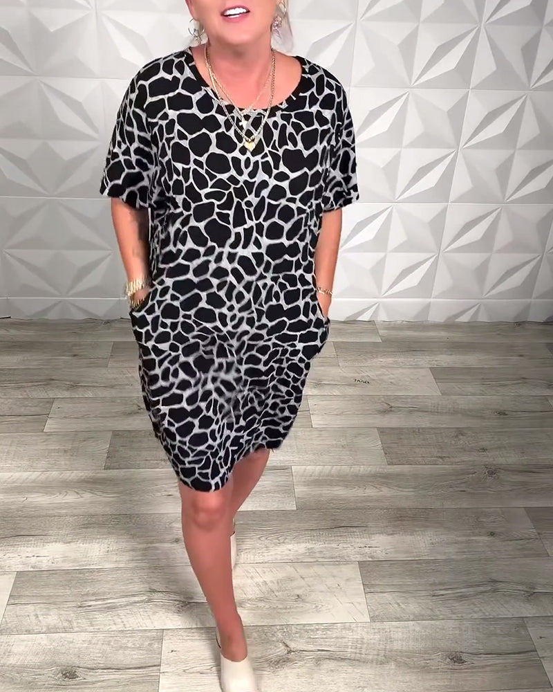 Jynorix - Women's Casual Printed Round Neck Straight Dress