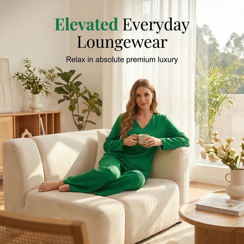Sovalyne - Women's Casual V-Neck Top and Flowy Wide-Leg Pants Set