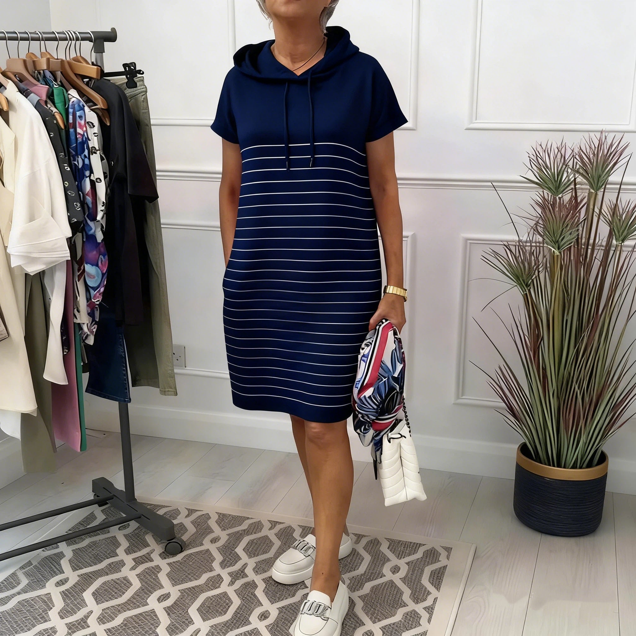 Gavellea - Women's Striped Hooded Dress, Comfortable Casual for Everyday Wear