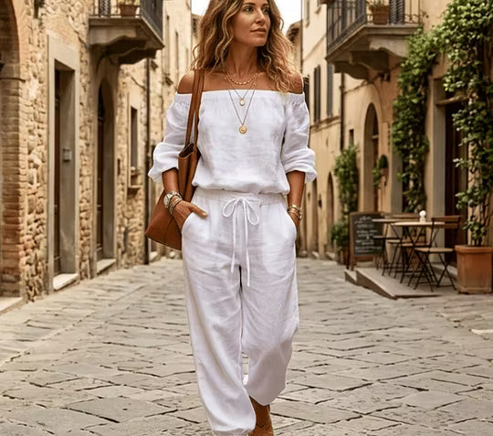 Brixavelle - Women's Off-the-Shoulder Cotton Jumpsuit with Tie Waist