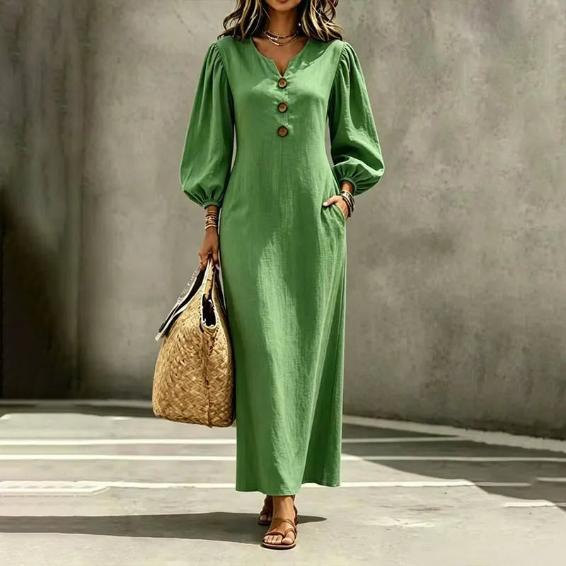 Réjane - Robe maxi femme à col V et manches bouffantes