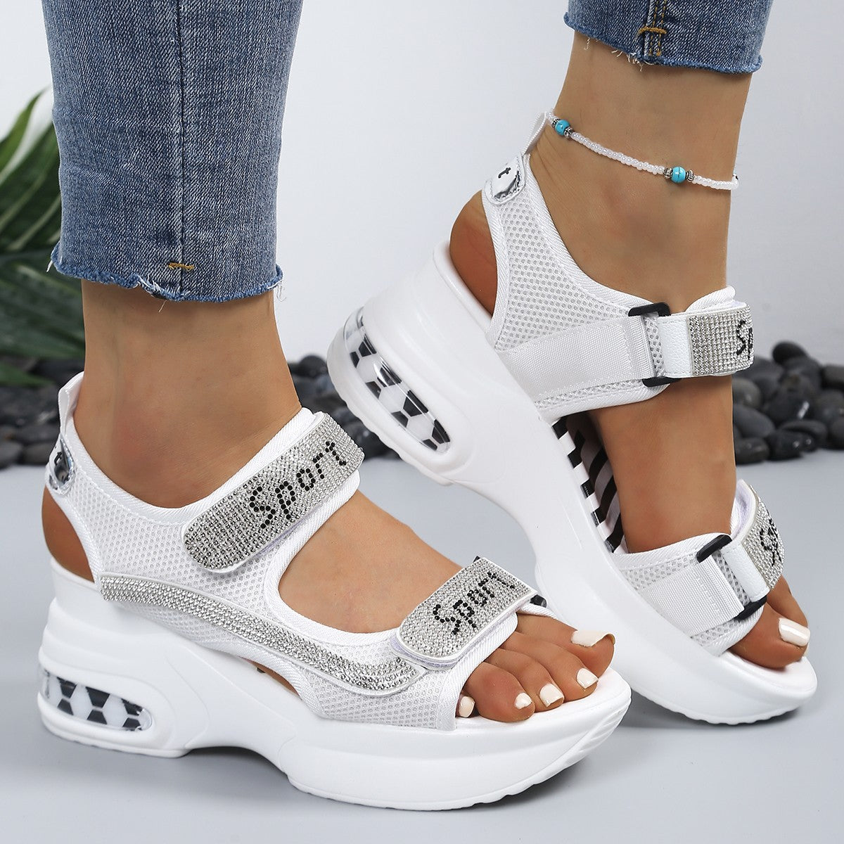 Calyvra - Women's platform rhinestone velcro air sole sport sandals
