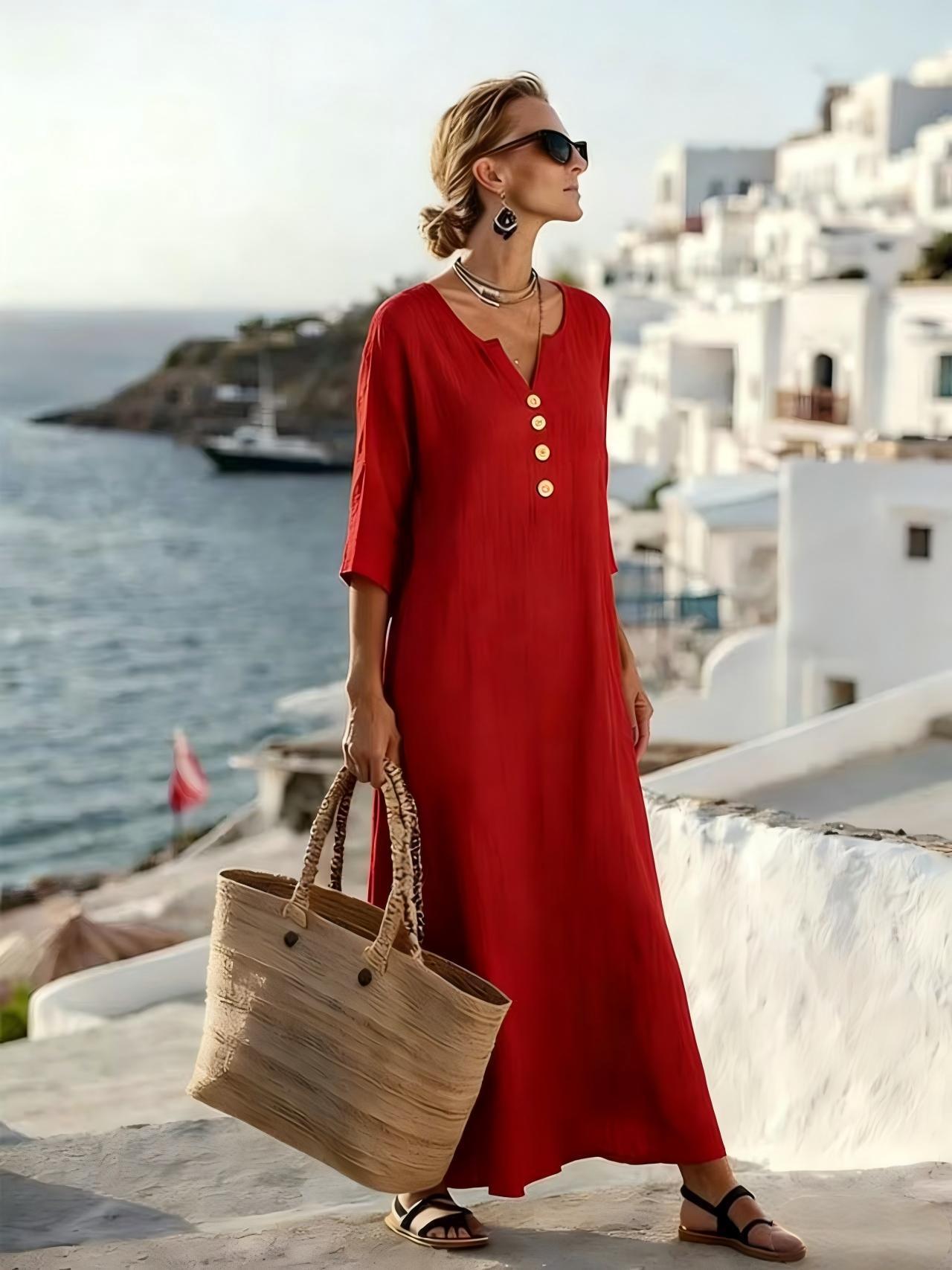 Ilyxa - Women's Long Linen Flowy Comfortable Dress for Summer Daily Wear