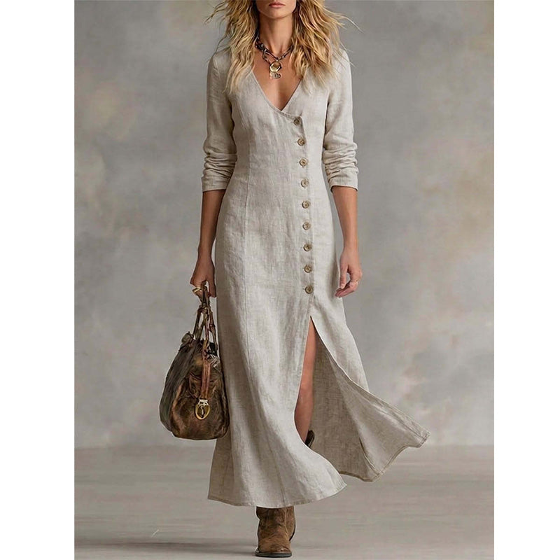 Quinalisse - Elegant Vintage Long Sleeve Midi Shirt Dress