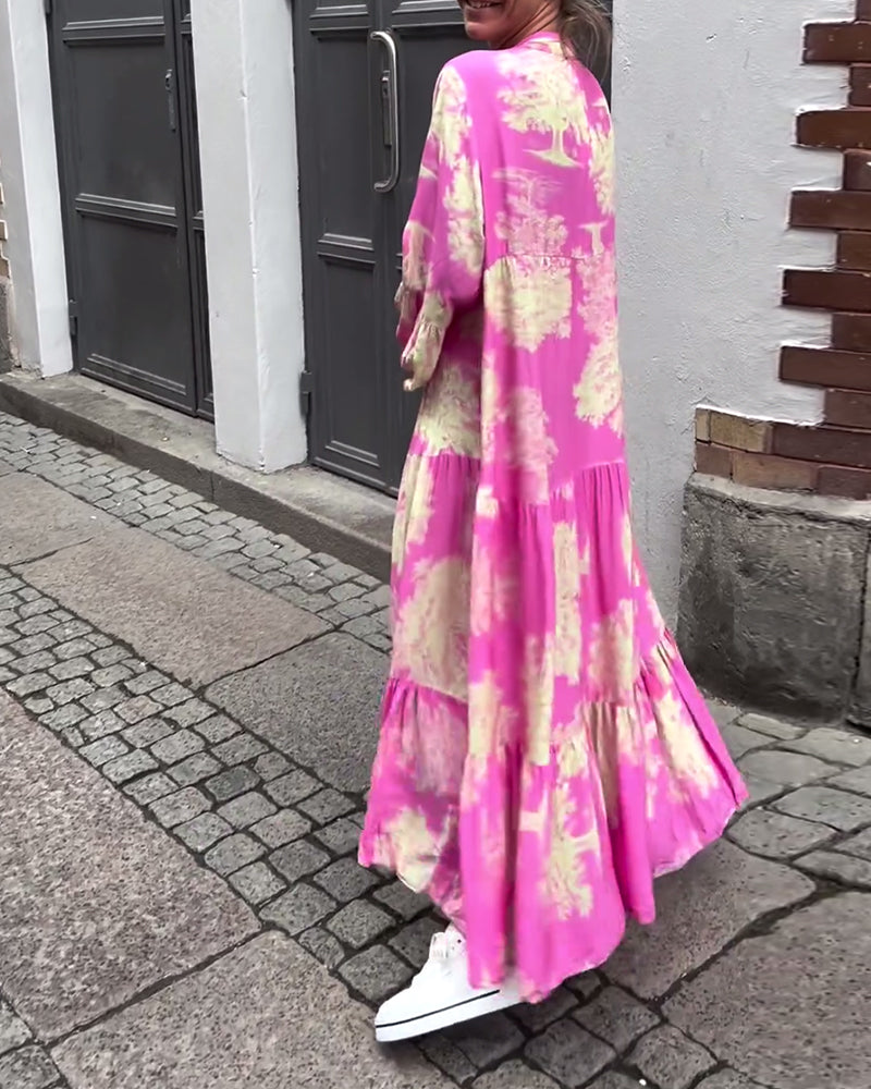 Greta - Loose Patchwork Dress with V-Neck and Printed Bell Sleeves