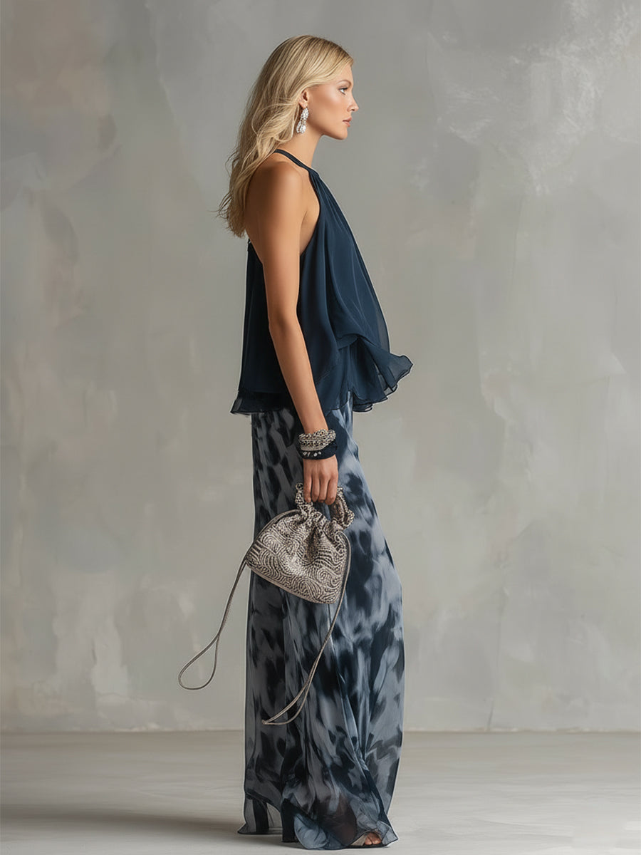 Pheronia - Women's two-piece set chiffon halter neck top wide-leg printed trousers