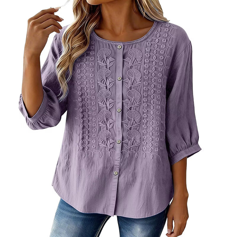 Sorivelle - Women's 3/4-Sleeve Cotton and Linen Embroidered Blouse