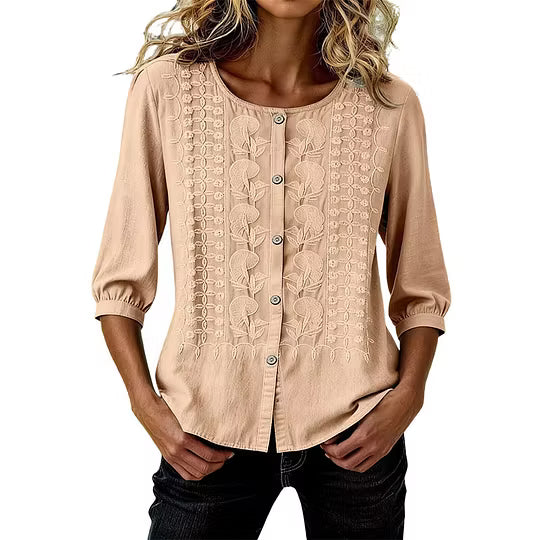 Sorivelle - Women's 3/4-Sleeve Cotton and Linen Embroidered Blouse