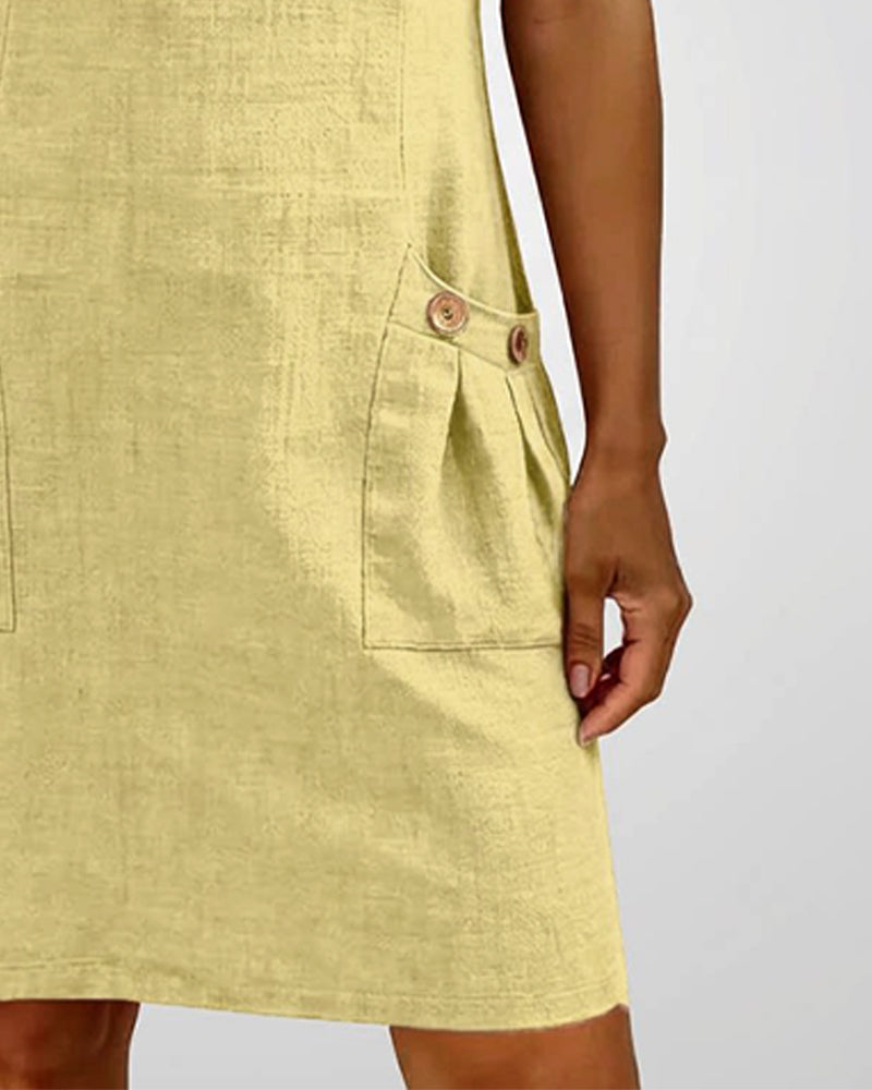 Kovira - Cotton Linen Short Dress with Zipper and Pockets