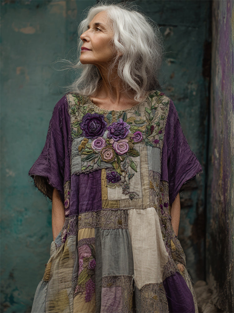 Oryndra - Women's Artistic Patchwork Flowy Comfortable Bohemian Style Daily Dress