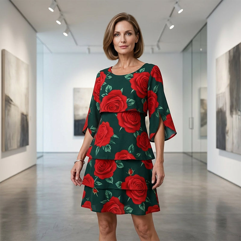 Qyvelle - Women's Floral Print Dress Loose Fit Flowy Sleeves Elegant Style