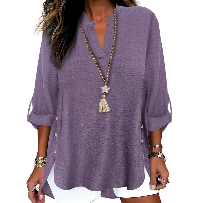 Kymora - Women's Loose V-Neck Top with Side Slits and Buttons