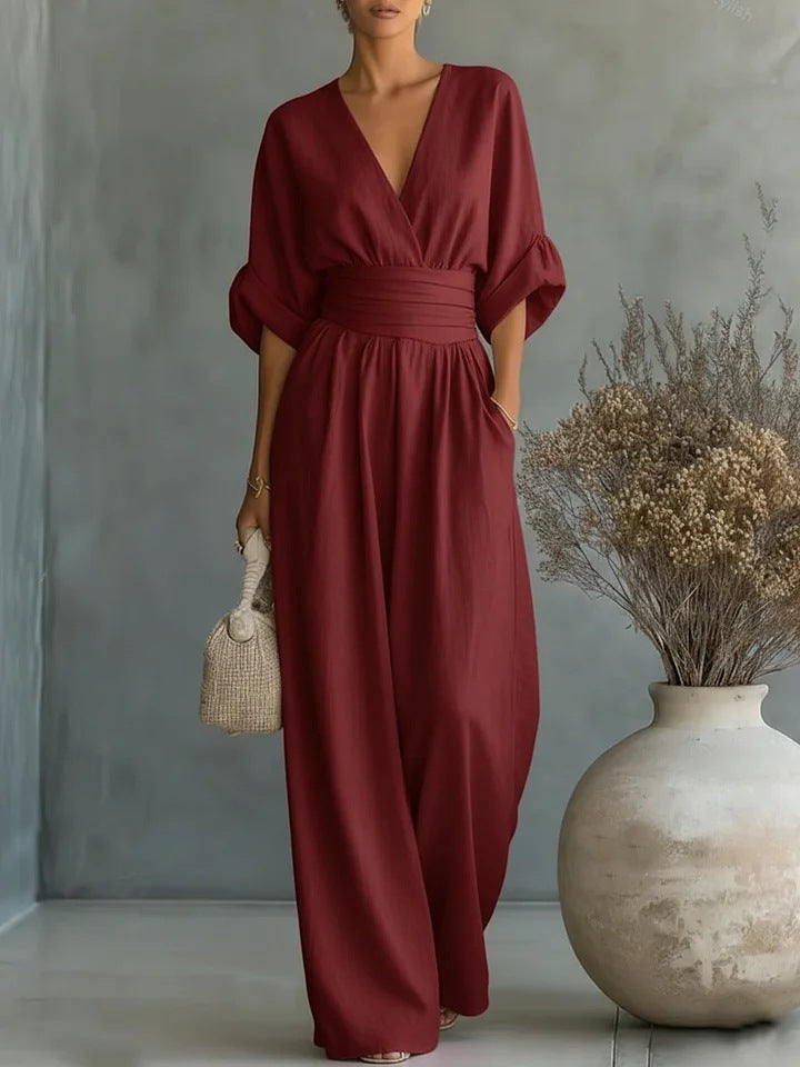 Daxelle - Women's Elegant V-Neck Belted Waist Wide-Leg Jumpsuit