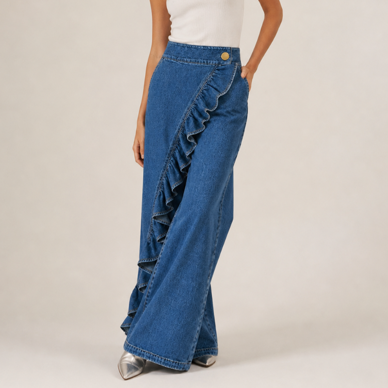 Izzavelle - Women's Wide-Leg Ruffled Denim Culottes in an Elegant Skirt-Pant Style