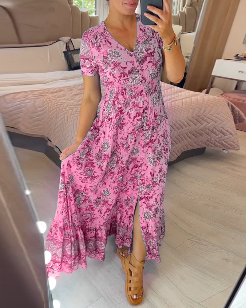 Denise - Floral Print Maxi Dress with V-Neckline