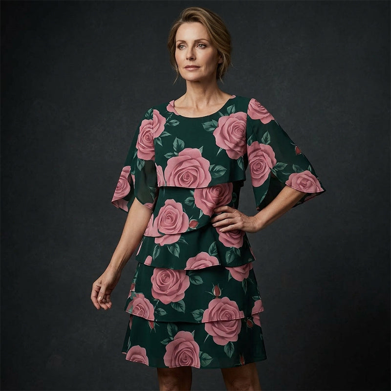Qyvelle - Women's Floral Print Dress Loose Fit Flowy Sleeves Elegant Style