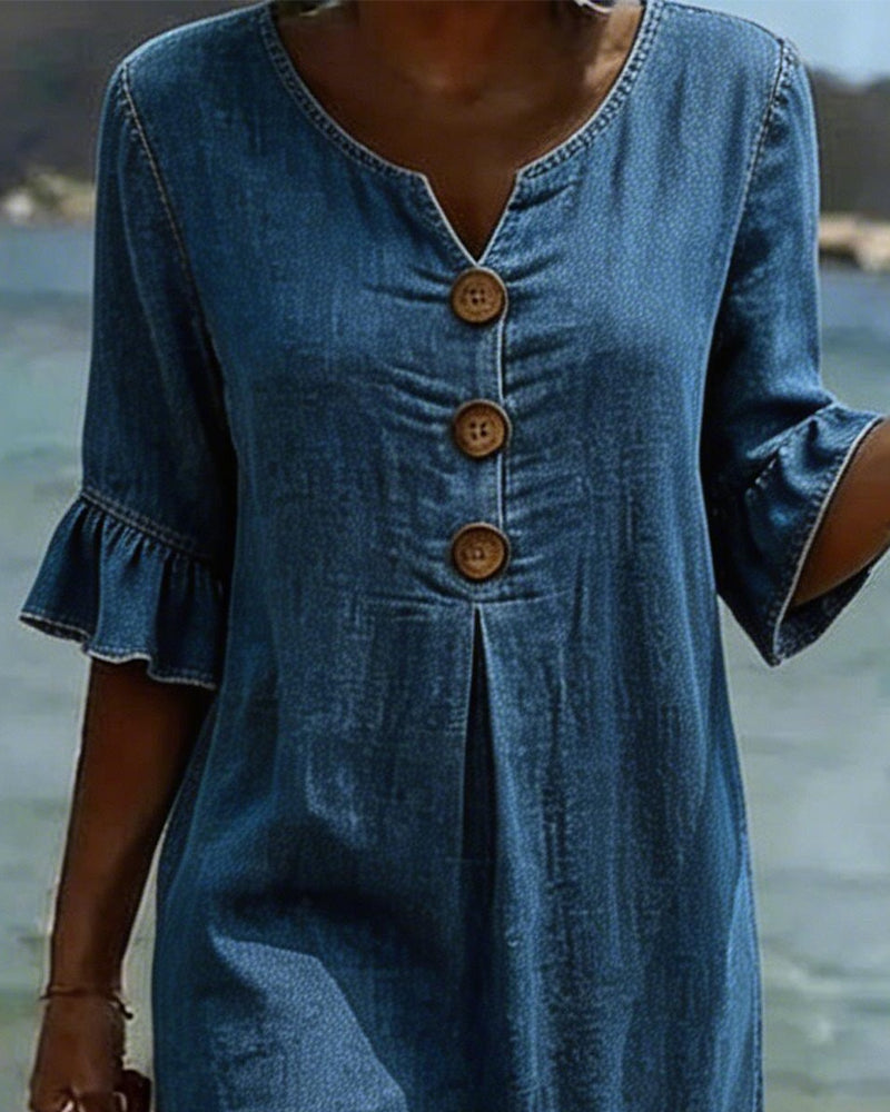 Fynorae - Women's denim dress with ruffled sleeves, flowy cut, for summer beach