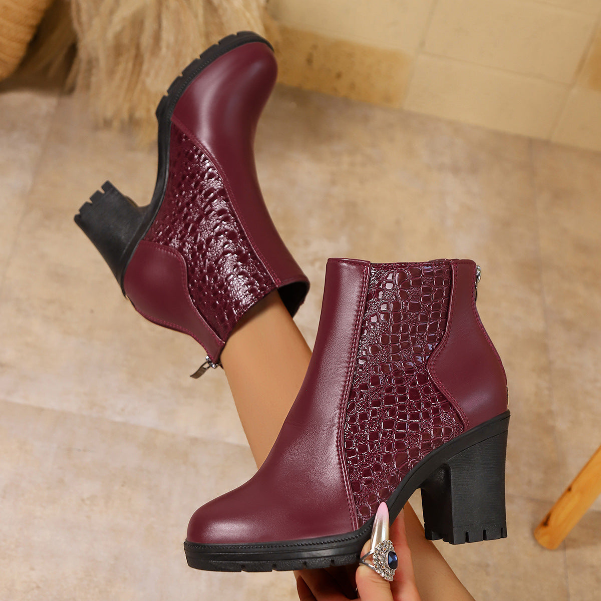 Belyssa - Elegant Genuine Leather Chunky Heel Ankle Boots