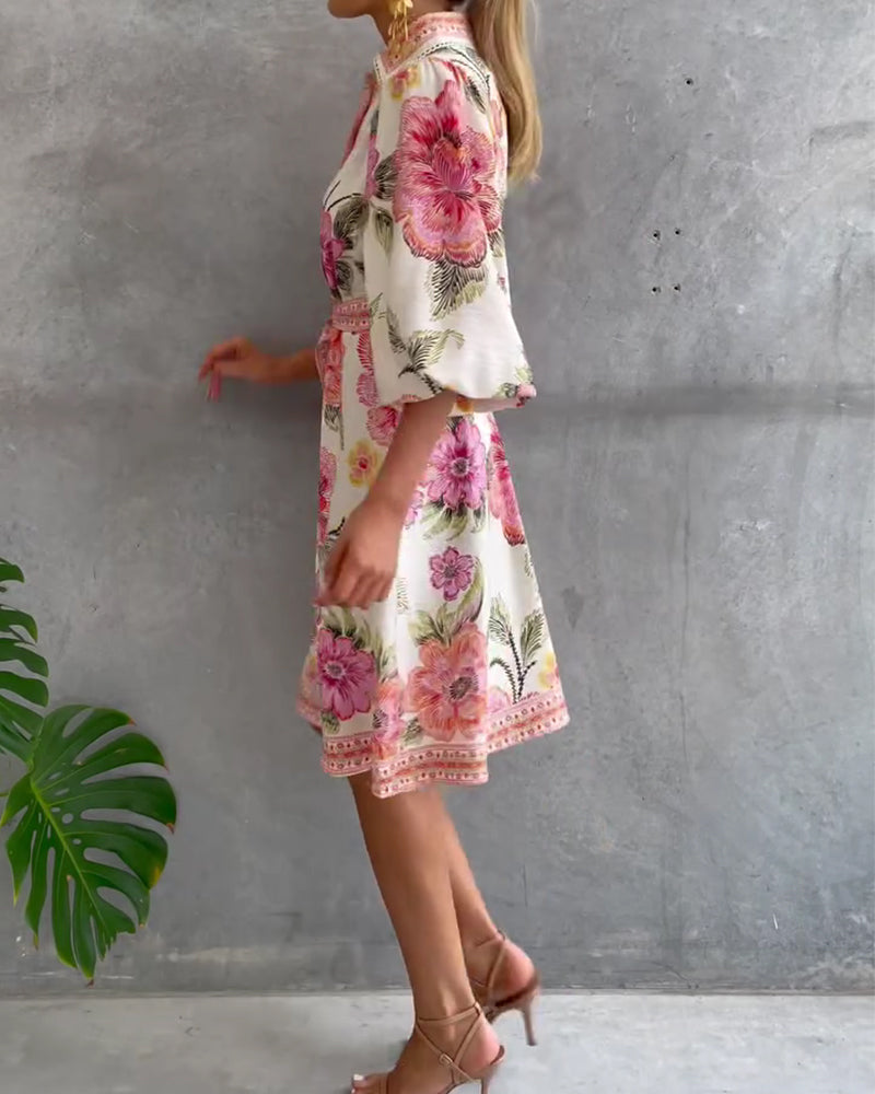 Glyssara - Women's Elegant Floral Dress with Lantern Sleeves and Buttons
